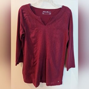 Eddie Bauer Embroidered Long sleeved Notch Neck Tunic 100% Cotton Sz S Flawless